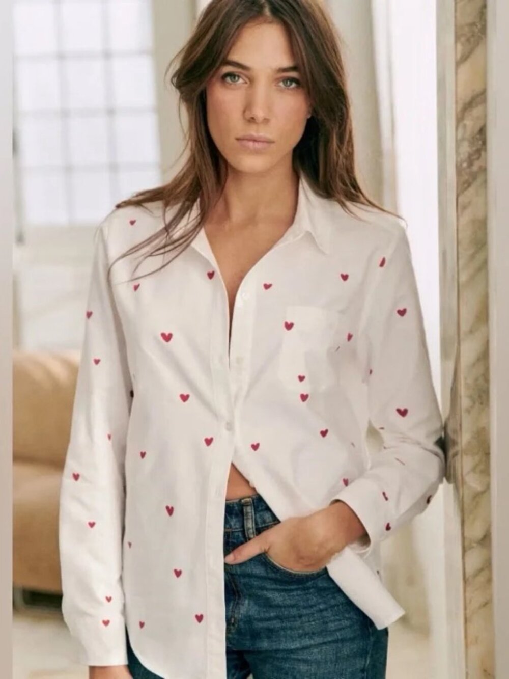 Sezane Tomboy Shirt Embroidered Red Hearts Button Down Size 36/Small
